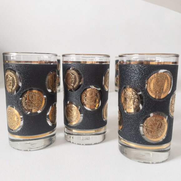Vintage Libbey black textured 22-karat gold coin glasses MCM 1960s barware (9) - Picture 2 of 16